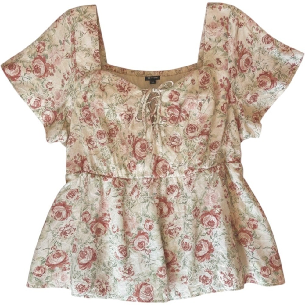 Torrid Women's 3 Floral Babydoll Top Tie Front Flutter Sleeve Cream Pink Green